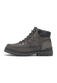 Szare buty trekkingowe z teksturowanym skórzanym cholewką, wyściełanym kołnierzem i metalowymi oczkami. Posiadają solidną gumową podeszwę z głębokim bieżnikiem dla lepszej przyczepności.