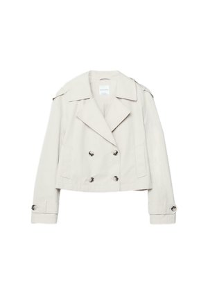 Krémový dvouřadý krátký trenčkot se širokými klopami, ramenními nápadníky, knoflíkovými manžetami a bočními kapsami.