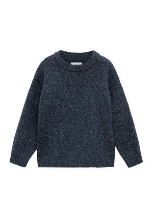 Mørkegrå strikket crewneck-trøje med lange ærmer og ribbede manchetter og kant, vist på en hvid baggrund.