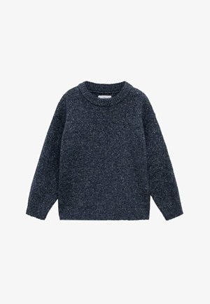 Mørkegrå strikket crewneck-trøje med lange ærmer og ribbede manchetter og kant, vist på en hvid baggrund.