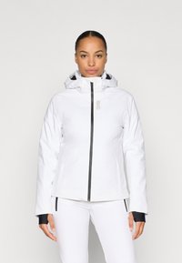 White waterproof jacket with a hood, zip front, and black accents. Features a textured surface and a fitted design, perfect for outdoor activity.