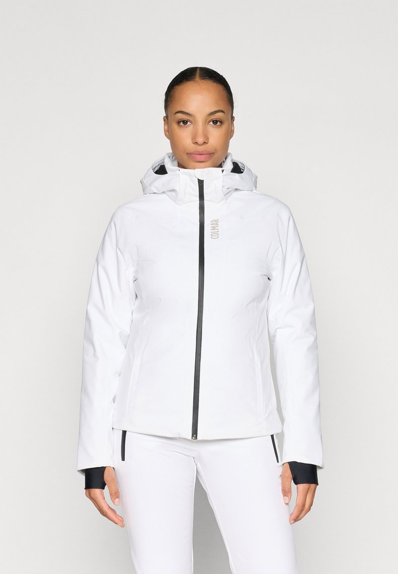 White waterproof jacket with a hood, zip front, and black accents. Features a textured surface and a fitted design, perfect for outdoor activity.