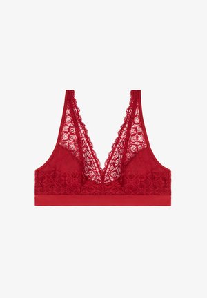 Rote Spitzen-Bralette mit einem tiefen V-Ausschnitt, gewellten Kanten und einem weichen Unterband. Leichtes, atmungsaktives Material mit filigranen Mustern.