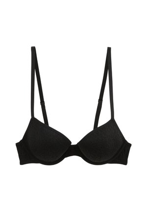Soutien-gorge noir en dentelle avec armatures, bretelles fines réglables et bonnets légèrement rembourrés.