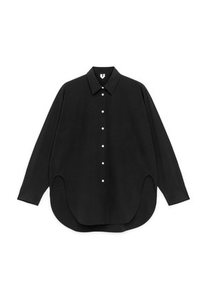 Black long-sleeve button-down shirt with pointed collar and rounded hem, shown flat on a white background.