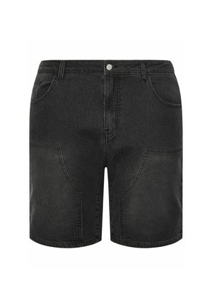 Pantaloncini in denim neri con bottone frontale, passanti per cintura, due tasche laterali e due ampie tasche anteriori curve.