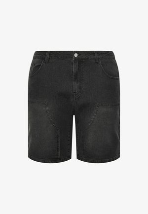 Pantaloncini in denim neri con bottone frontale, passanti per cintura, due tasche laterali e due ampie tasche anteriori curve.