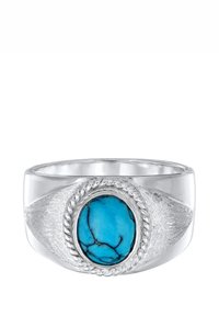 Anello in argento sterling con una pietra turchese rotonda con venature nere, circondata da un dettaglio a corda intrecciata e accenti in argento lavorato.