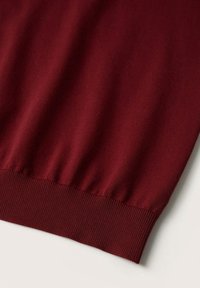 Pull bordeaux avec un ourlet côtelé, présentant une texture lisse et douce ainsi qu'une coupe ajustée. Accent mis sur la simplicité et le confort du tissu.