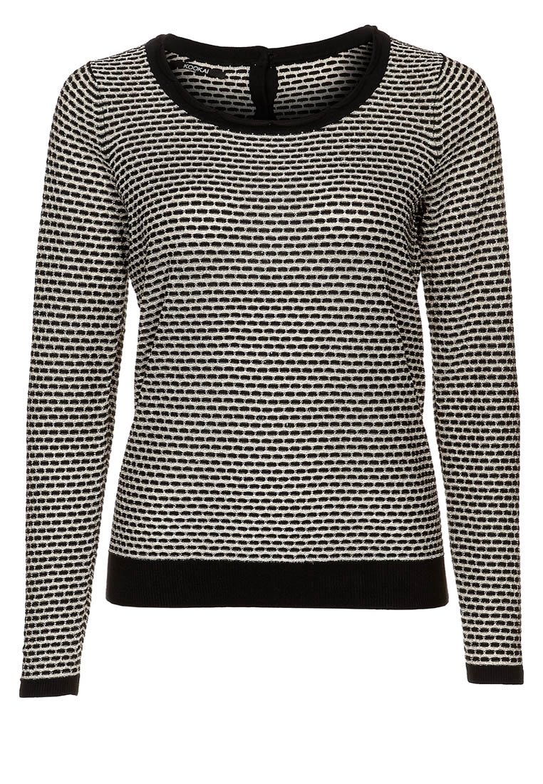Schwarz-weißer Langarmpullover mit texturiertem punktierten Muster, Rundhalsausschnitt und einfarbigen schwarzen Abschlüssen am Saum und den Bündchen.