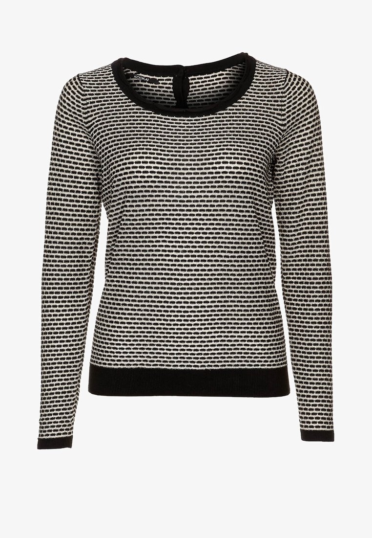 Schwarz-weißer Langarmpullover mit texturiertem punktierten Muster, Rundhalsausschnitt und einfarbigen schwarzen Abschlüssen am Saum und den Bündchen.