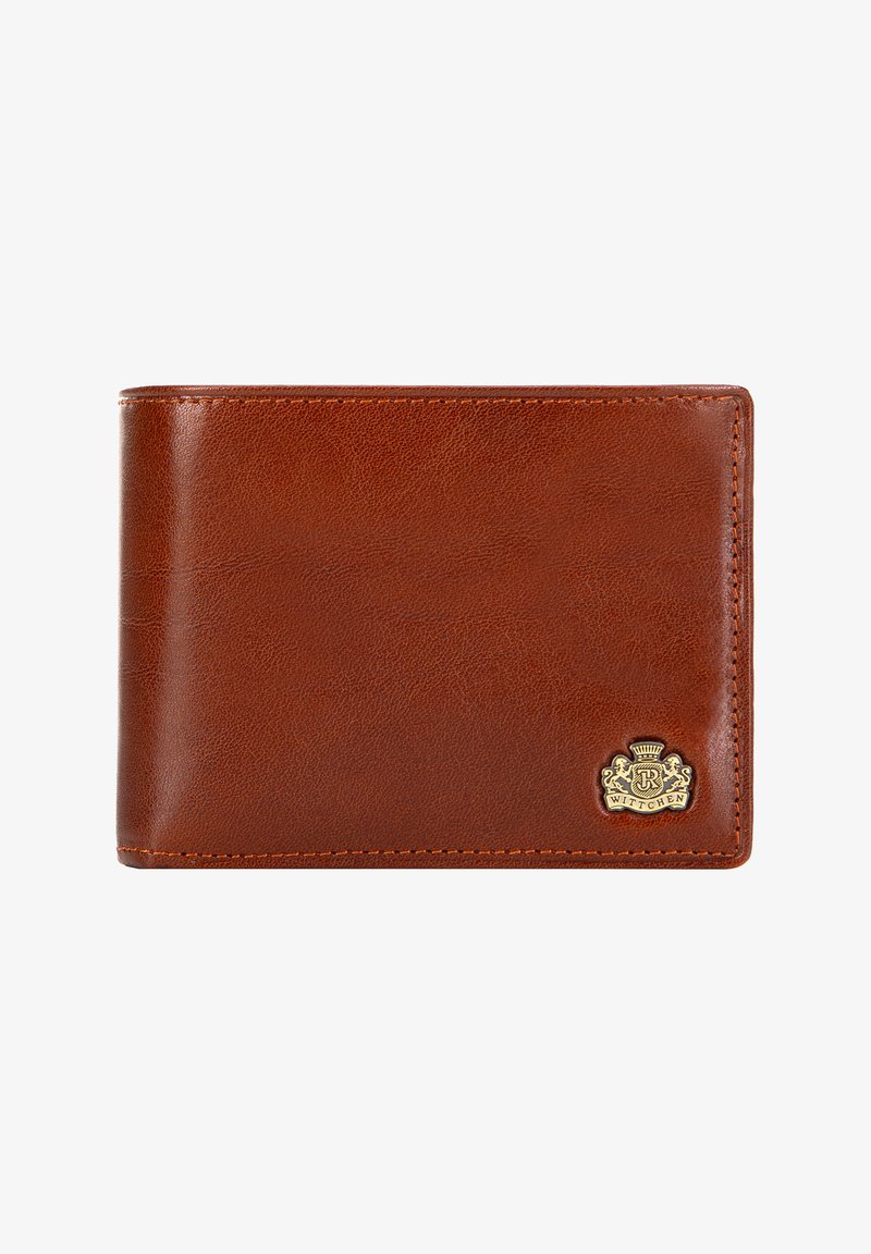 Bruine leren portemonnee met een gladde textuur, voorzien van zichtbare stiksels en een gouden logo-accent in de rechterbenedenhoek.