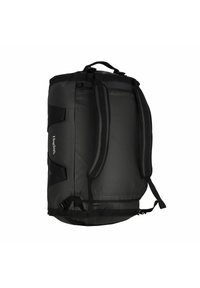 Borsa a borsone nera con spallacci imbottiti, realizzata in tessuto resistente. Caratterizzata da tasche laterali e una maniglia superiore per un trasporto facile.