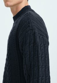 Pull en tricot bleu marine avec un col rond et des motifs de câble texturés sur les manches, doté d'un ourlet et de poignets côtelés.
