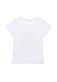 Camiseta de algodón blanca con un cuello redondo clásico, mangas cortas y una textura suave. Diseño simple y sin adornos.