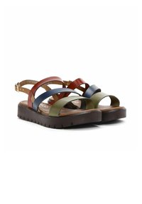 Sandalias de cuero multicolores con suela marrón, que presentan tiras cruzadas en burdeos, azul marino, verde oliva y marrón oscuro, con plantilla texturizada.