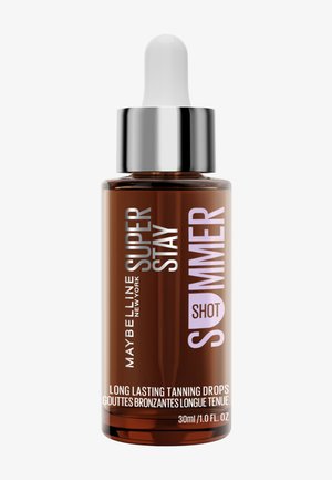 Brązowa butelka z ciemnego szkła z zakraplaczem, oznaczona jako Maybelline Super Stay Summer Shot długotrwałe krople opalające, 30 ml, z srebrną nakrętką i białym zakraplaczem.