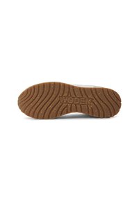 Suela de zapato de goma marrón con ranuras texturizadas. Presenta "WODEN" grabado en el talón. La forma es ligeramente redondeada con un diseño robusto.