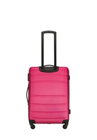 Hard-shell pink suitcase with horizontal ridges, black telescopic handle, and four wheels for mobility.