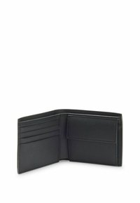 Portefeuille en cuir noir avec plusieurs emplacements pour cartes, un compartiment pour billets et une finition texturée. Design compact avec des détails de couture minimaux.