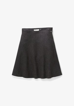 Jupe en laine gris foncé coupe trapèze avec un petit bouton latéral et une étiquette de marque à la taille.
