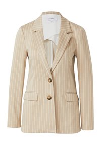Beige gestreifter Blazer mit zwei Fronttaschen, Reverskragen, Ein-Knopf-Verschluss und leicht strukturiertem Stoff.