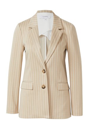 Blazer a righe beige con due tasche frontali, collo a revers, chiusura con un solo bottone e tessuto leggermente strutturato.