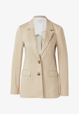 Blazer a righe beige con due tasche frontali, collo a revers, chiusura con un solo bottone e tessuto leggermente strutturato.