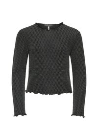 Musta pitkähihaista istuva neulepaita, jossa on huomaamatonta pystysuoraa valkoista ommelta, aaltoilevat reunat hihoissa ja helmassa sekä pyöreä pääntie.