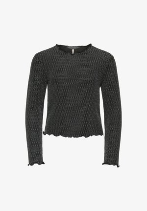 Black long-sleeve fitted knit top with subtle vertical white stitching, scalloped edges on cuffs and hem, and a crew neckline.