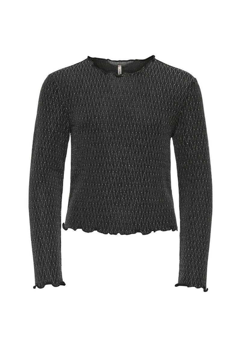 Musta pitkähihaista istuva neulepaita, jossa on huomaamatonta pystysuoraa valkoista ommelta, aaltoilevat reunat hihoissa ja helmassa sekä pyöreä pääntie.