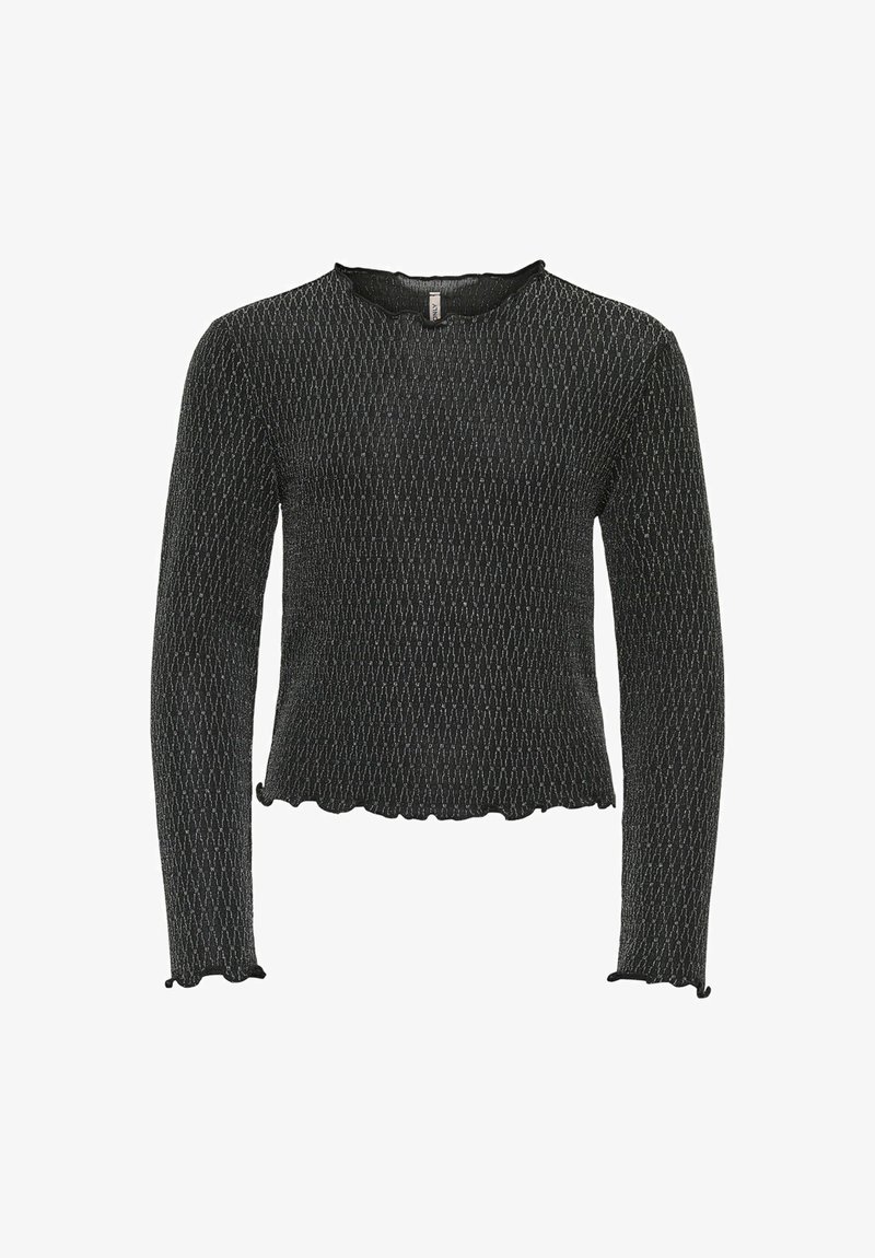 Zwart langemouwen, aansluitend gebreid top met subtiele verticale witte stiksel, geschulpte randen op de manchetten en onderkant, en een ronde halslijn.