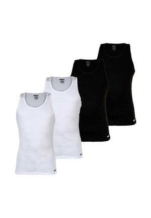 Vier ärmellose Tanktops der Marke Diesel, zwei weiße und zwei schwarze, in abwechselnden Farben vor weißem Hintergrund angeordnet.