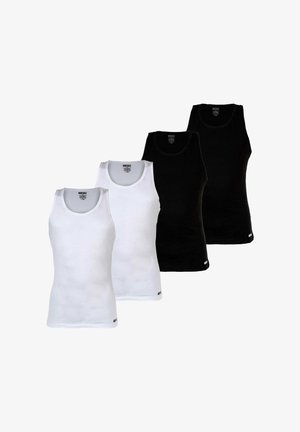 Quattro canotte senza maniche del marchio Diesel, due bianche e due nere, disposte a colori alternati su sfondo bianco.