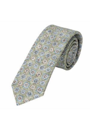 Grüne gemusterte Krawatte mit kreisförmigen Motiven in Blau, Braun und Weiß. Ausstrukturierter Stoff; spitze Spitze und gewickeltes Design.