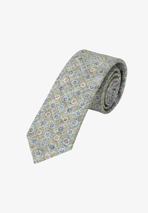 Grüne gemusterte Krawatte mit kreisförmigen Motiven in Blau, Braun und Weiß. Ausstrukturierter Stoff; spitze Spitze und gewickeltes Design.