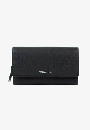 Black textured leather wallet with a fold-over flap, silver logo accent, and a zipper detail on the side. Compact design for organization.
