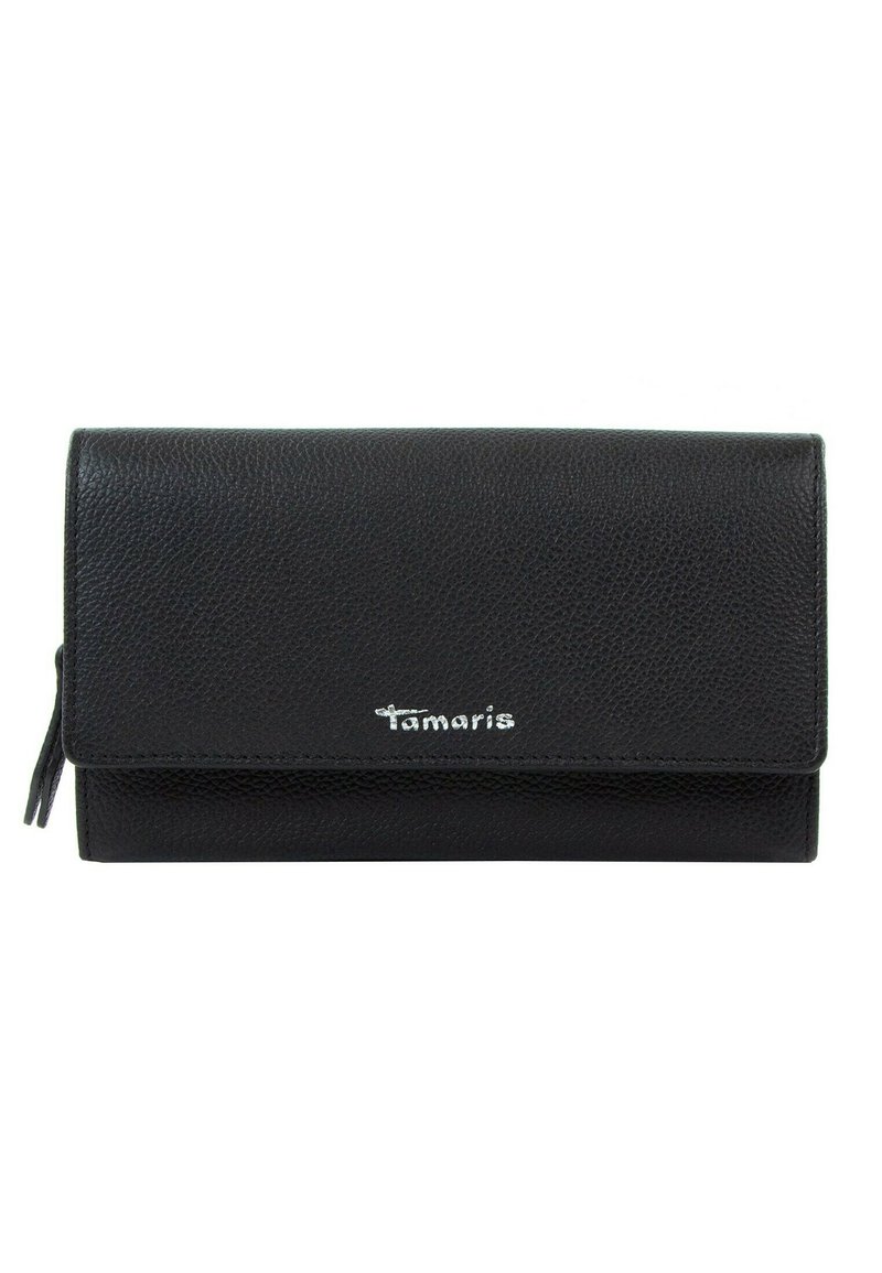 Black textured leather wallet with a fold-over flap, silver logo accent, and a zipper detail on the side. Compact design for organization.
