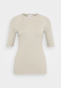 Beige ribbed knit short-sleeve sweater with crew neckline and raglan sleeves, slim fit, Calvin Klein label inside collar.