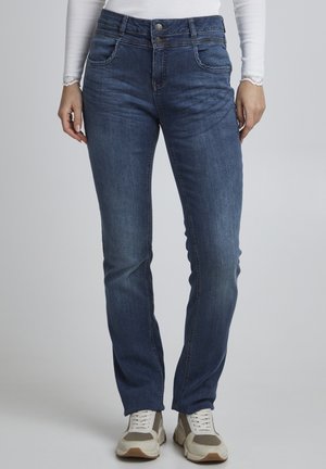 Dark blue denim jeans with a slim fit, featuring front pockets and a double-button closure. The fabric has a smooth texture and slight fading.