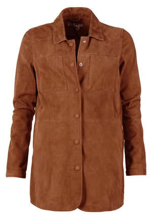 Brown suede jacket with a collared neckline, front button closures, two chest pockets, and long sleeves. Soft texture and smooth finish.