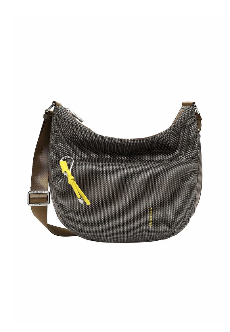 Szara torebka na ramię o teksturowanej powierzchni i zaokrąglonym kształcie, z żółtą metką zamka oraz regulowanym brązowym paskiem. Posiada subtelny detal z logo.