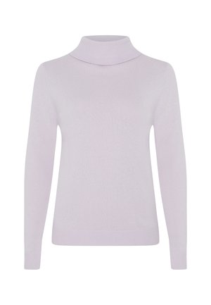 Helles lavendelfarbenes Rollkragenpullover aus weichem, geripptem Strick. Mit langen Ärmeln und einem lässigen Schnitt sowie einem Rollkragen. Glatte Textur, minimale Details.