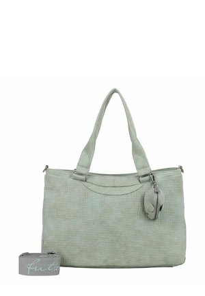 Sac à main gris texturé avec deux anses, fermeture éclair et une petite pochette amovible. La couleur est un vert doux avec une finition lisse.