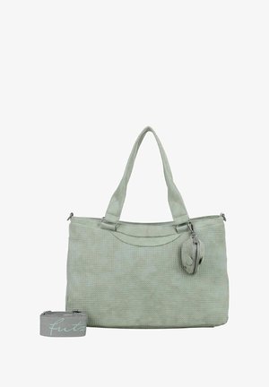 Sac à main gris texturé avec deux anses, fermeture éclair et une petite pochette amovible. La couleur est un vert doux avec une finition lisse.