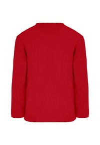 Rød langærmet T-shirt af bomuld. Har en klassisk rund halsudskæring og lige kant. Glat tekstur uden synlige mønstre eller pynt.