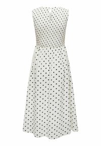 Λευκό φόρεμα χωρίς μανίκια με μαύρες πουά, εφαρμοστό υφασμένο μπούστο, κλείσιμο με κουμπί στην πλάτη με άνοιγμα και ροή φούστα.