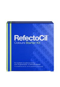 Boîte en carton bleue avec des rayures vertes, portant l'étiquette "RefectoCil Colours Starter Kit", pour la teinture des cils et des sourcils.