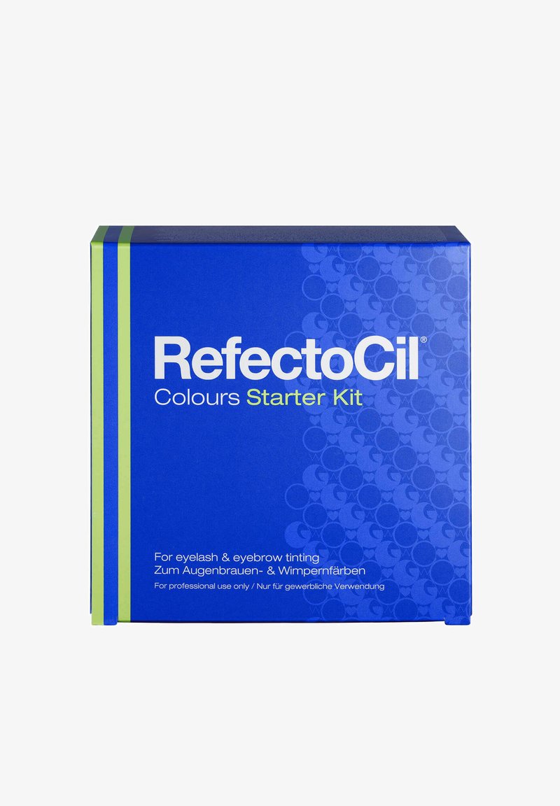 Boîte en carton bleue avec des rayures vertes, portant l'étiquette "RefectoCil Colours Starter Kit", pour la teinture des cils et des sourcils.