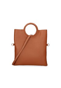 Borsa a tote in pelle marrone con manico superiore arrotondato e tracolla removibile; presenta una superficie texturizzata e un design minimalista.